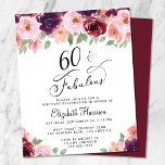 60.º Aniversário do Borgonha Floral Rosa<br><div class="desc">Convite de aniversário elegante,  chic e econômico,  60º com "60 & Fabuloso" escrito em na moda e buquês de cor d'água de vermelho borrado,  rosa esbranquiçado e plum púrpura florais com verde leve. Personalize facilmente com seu nome e com os detalhes da 60ª festa de aniversário.</div>