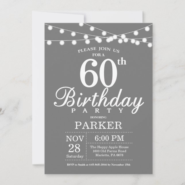 60.o Aniversário Cinza de Convite e Branco (Frente)