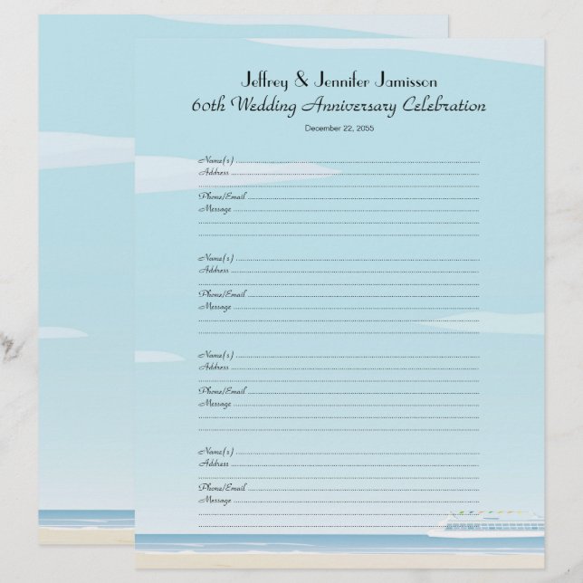 60th Página do login do livro de hóspedes da festa (Frente/Verso)