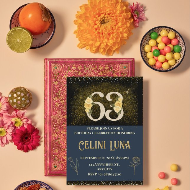63º Convites de Aniversário Dourados e Pretos (Gold & Black 63rd Birthday Invitations)
