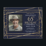 65.º aniversário Foto Azul Folha de Papel Dourada<br><div class="desc">Elegante borda de ouro Faux com os destaques de confete em cima. Todo o texto é ajustável e fácil de mudar para as necessidades do seu próprio partido. design excelente de 65 anos elegante.</div>