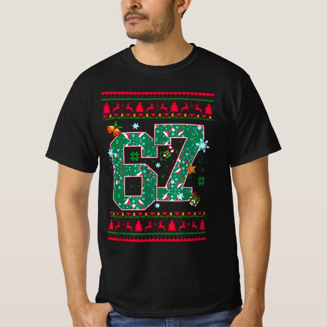6 7 Seis Sete Camiseta Feia de Natal Meme Mão 67  (Frente)