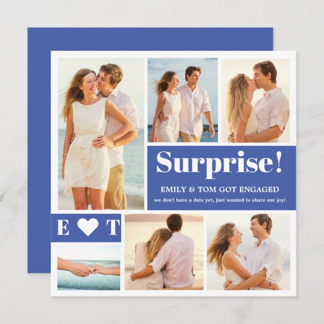 6 Anúncio do Noivado Azul de Colagem de Fotos (Frente/Verso)