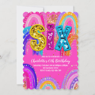 6 Birthday Rainbow Hot Pink Convite de festas