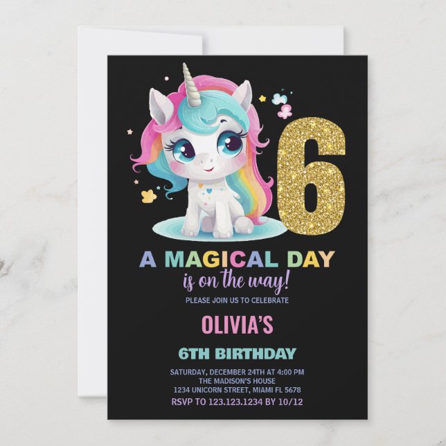 6 Birthday Unicorn Birthday - Convites de Aniversá (Frente)