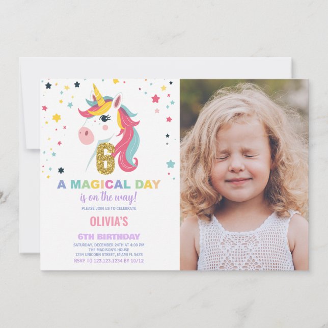 6 Birthday Unicorn Birthday - Foto dos Convites de (Frente)