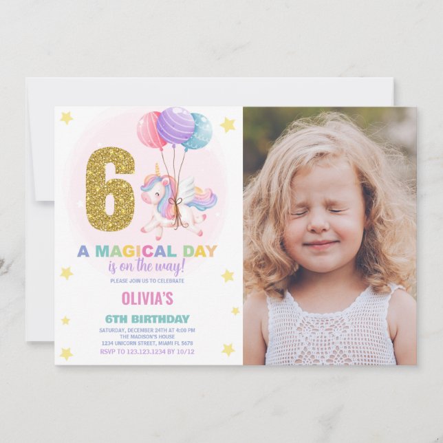 6 Birthday Unicorn Birthday - Foto dos Convites de (Frente)