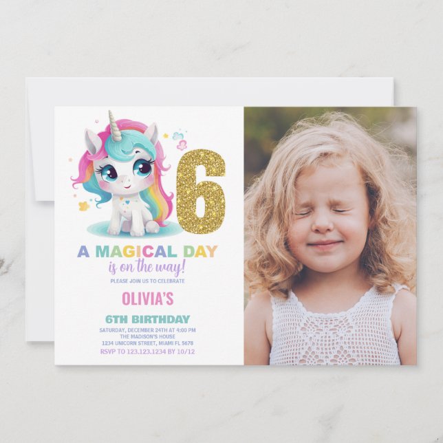 6 Birthday Unicorn Birthday - Foto dos Convites de (Frente)