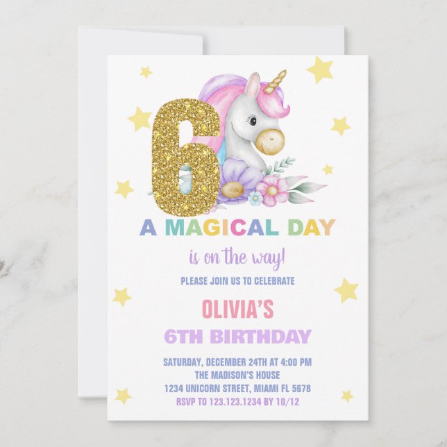 6 Floral Unicorn - Convites de Aniversário (Frente)