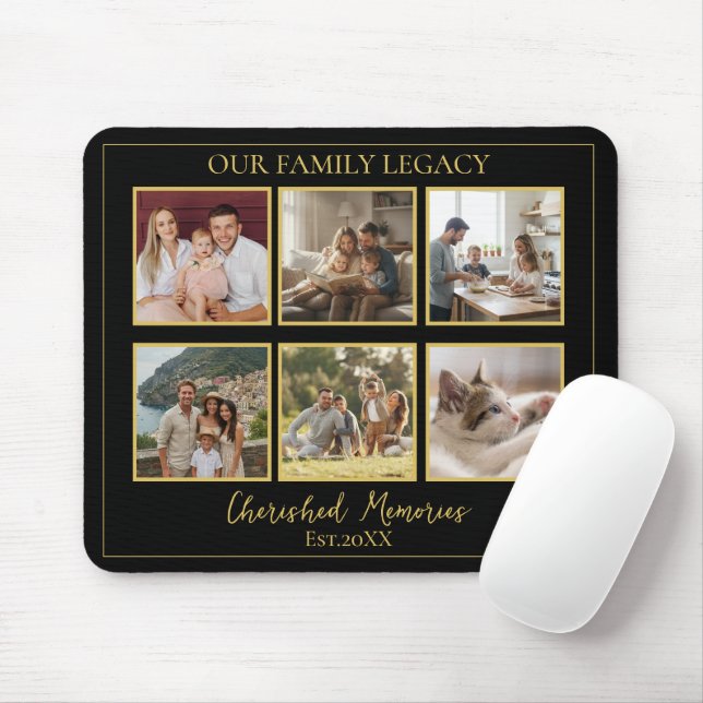 6 Photo Collage Minimalist Black Gold Mouse Pad (Com mouse)