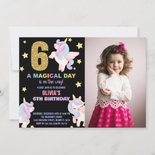 6 Rainbow Unicorn Aniversário Convites com foto