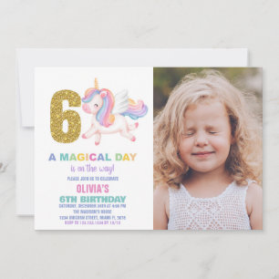 6 Rainbow Unicorn Aniversário Convites com foto