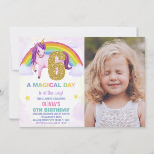 6 Rainbow Unicorn Aniversário Convites com foto