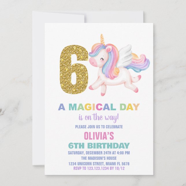6 Rainbow Unicorn - Convites de aniversário (Frente)