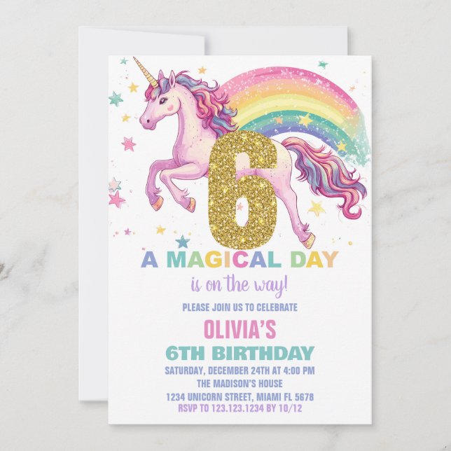 6 Unicorn - Convites de Aniversário (Frente)