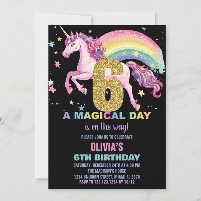 6 Unicorn - Convites de Aniversário em Preto (Frente)