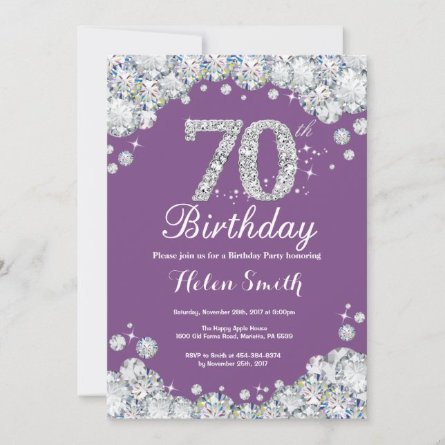 70 Aniversário do Convite Roxo e Diamante de Prata (Frente)