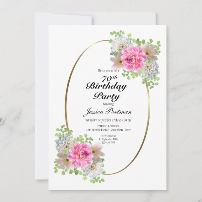 70 Birthday - Convite de festas Dourado Rosa (Frente)