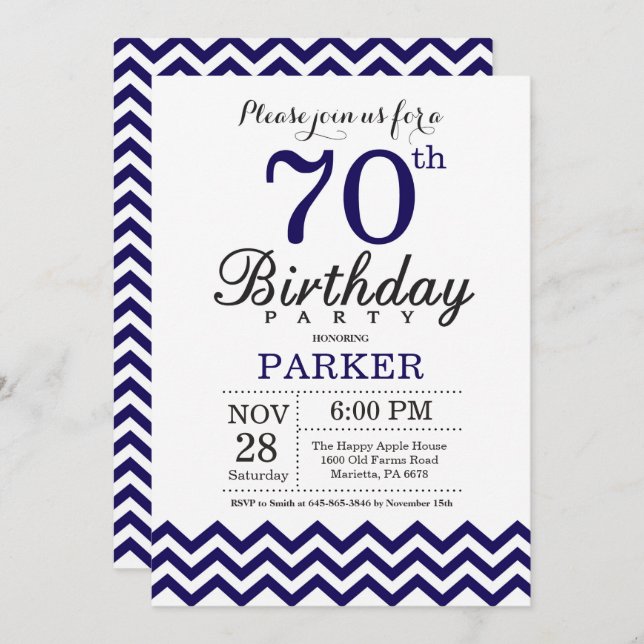 70 Birthday Convite Marinho Blue Chevron (Frente/Verso)