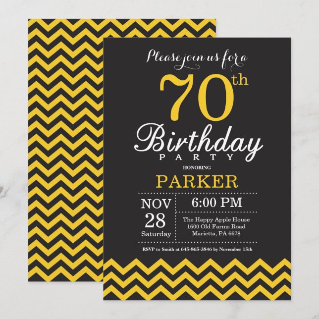 70 Birthday Convite Preto e Amarelo Chevron (Frente/Verso)