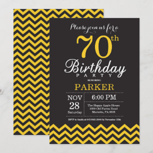 70 Birthday Convite Preto e Amarelo Chevron
