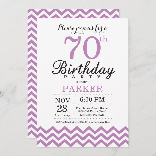70 Birthday - Convite Purple Chevron (Frente/Verso)