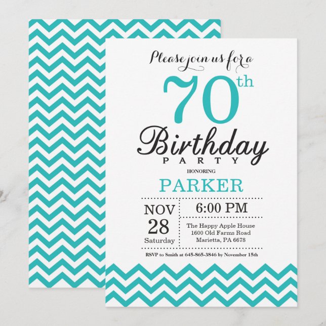 70 Birthday - Convite Teal Chevron (Frente/Verso)