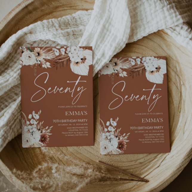 70 Birthday Convite Terracotta Boho Pampas (Criador carregado)