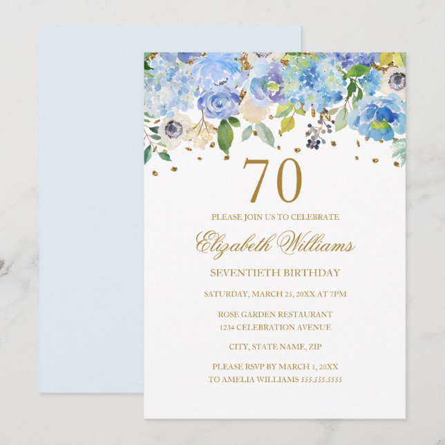 70 Birthday Elegant Blue Dourado Convite Floral (Frente/Verso)