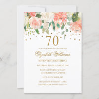 70 Birthday Peach Dourado Convite Floral