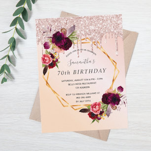70 Birthday rosa de ouro brilhante convite para fl