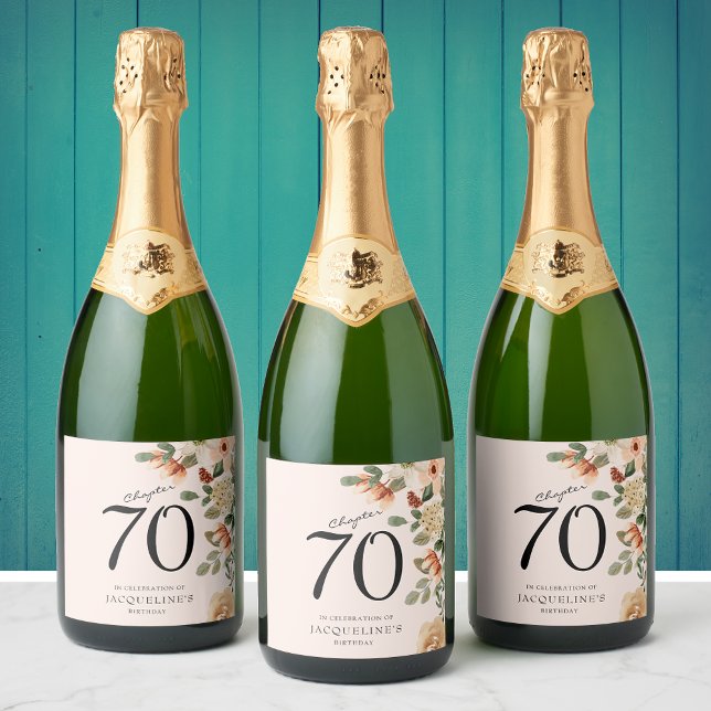 70 Birthday Vintage Floral (Celebrate the big 7-0 with these custom floral champagne labels. Easily personalized template.)