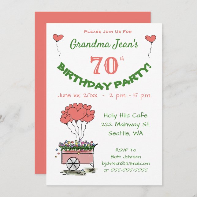 70 Convite de aniversário - Vovó Corações (Frente/Verso)