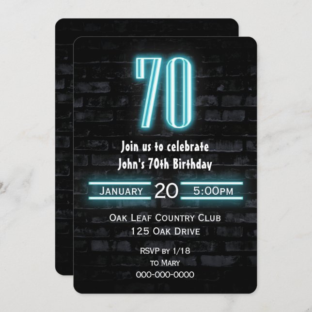 70 Festa de aniversário Neon Sign on Brick Convite (Frente/Verso)
