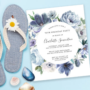 70 Floral Azul Dusty Convite de Aniversário
