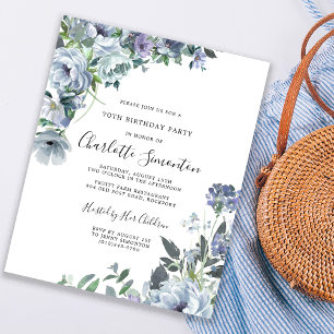 70 Floral Azul Dusty Convite de Aniversário