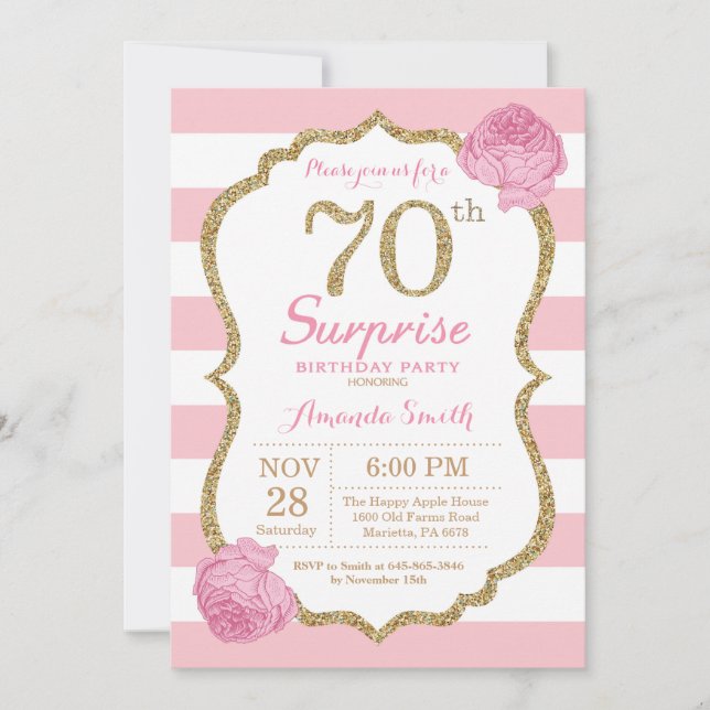 70 Surpresa - Convite de Aniversário Rosa e Dourad (Frente)