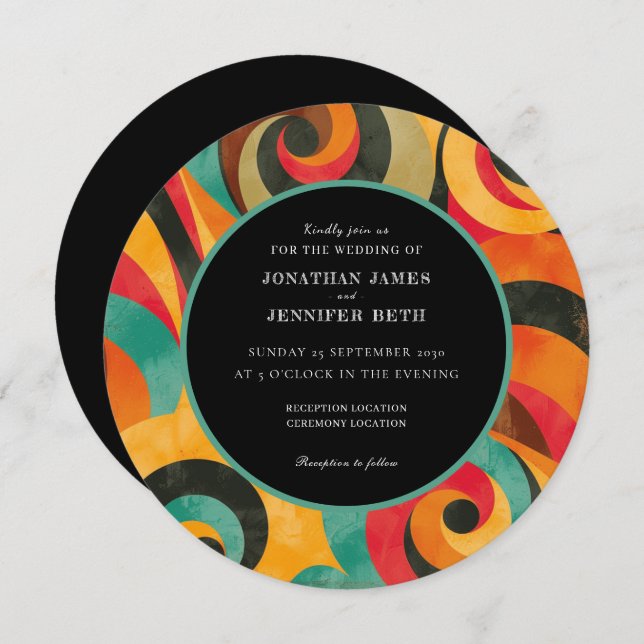 70s Retro Orange Red Teal Wedding Invitation (Frente/Verso)