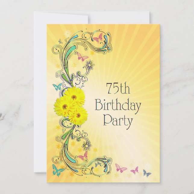 75.o Convite de aniversário com flor amarela (Frente)