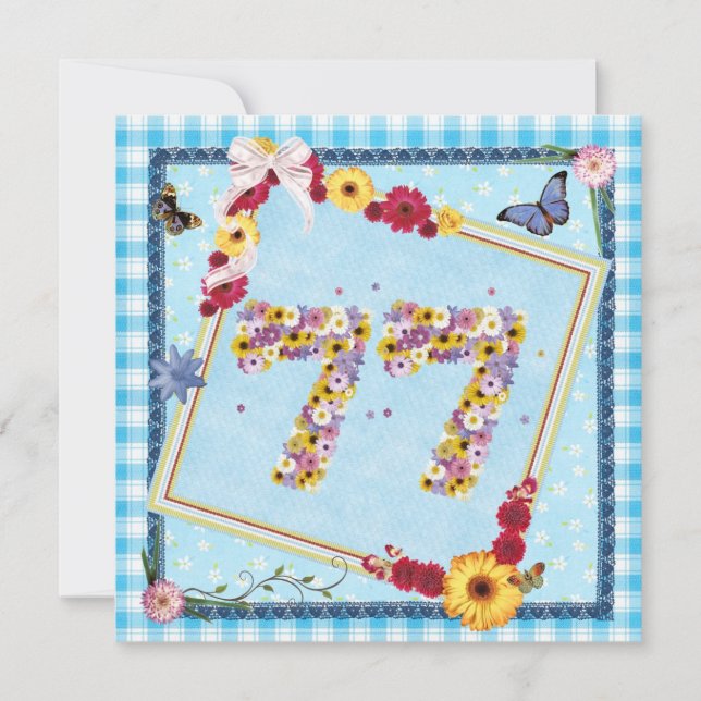 77º flores do Convite de aniversário, borboletas (Frente)