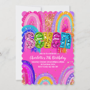 7 Birthday Rainbow Hot Pink Convite de festas