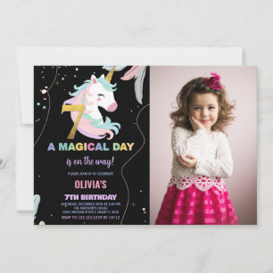 7 Birthday Unicorn Birthday Convite de Aniversário