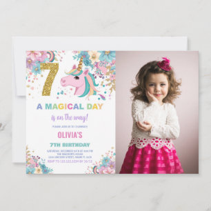 7 Birthday Unicorn Birthday Convite de Aniversário