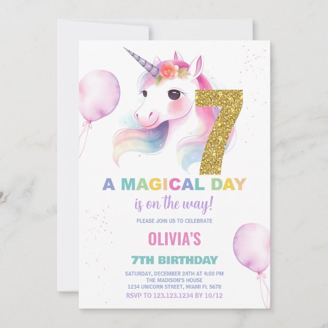 7 Birthday Unicorn Birthday - Convites de Aniversá (Frente)