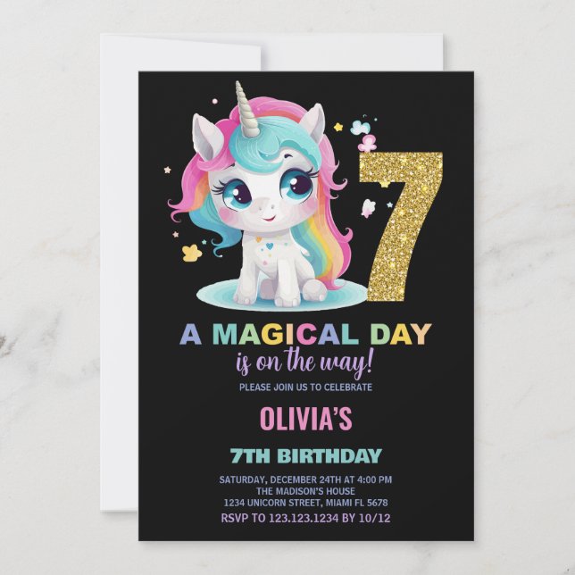 7 Birthday Unicorn Birthday - Convites de Aniversá (Frente)