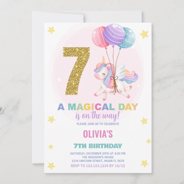 7 Birthday Unicorn Birthday - Convites de Aniversá (Frente)