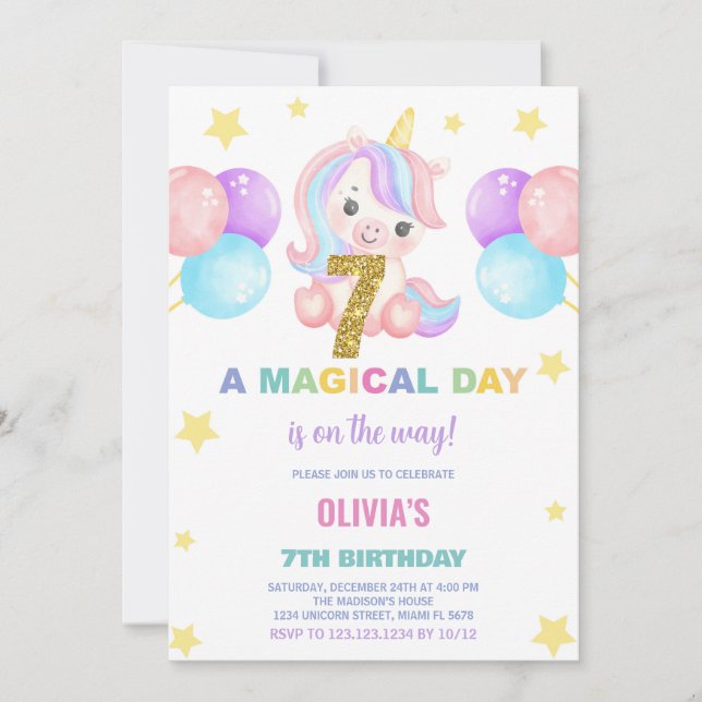 7 Birthday Unicorn Birthday - Convites de Aniversá (Frente)