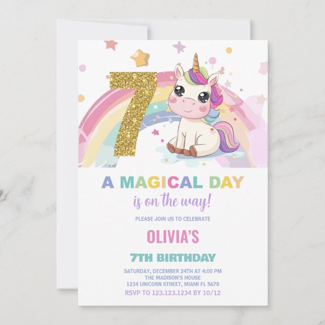 7 Birthday Unicorn Birthday - Convites de Aniversá (Frente)