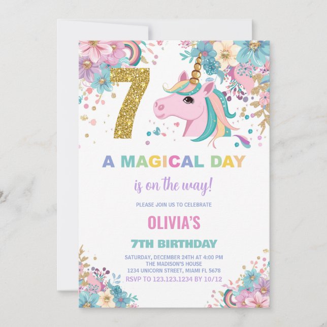 7 Birthday Unicorn Birthday - Convites de Aniversá (Frente)