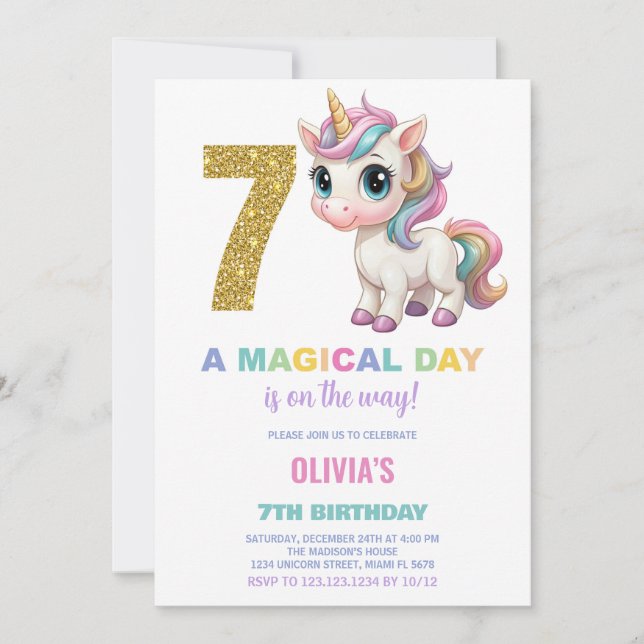 7 Birthday Unicorn Birthday - Convites de Aniversá (Frente)